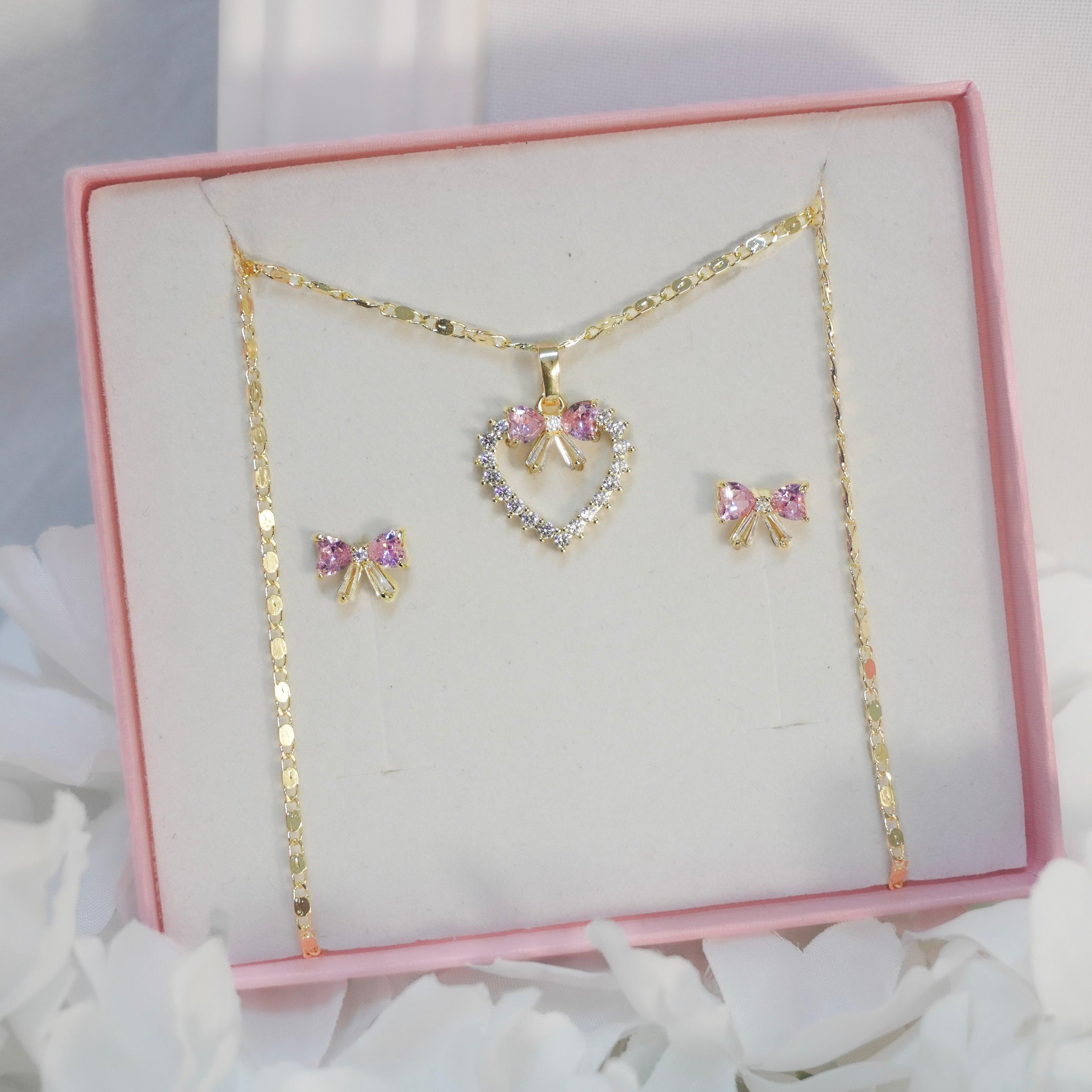 Juego Moños Rosas con Aretes