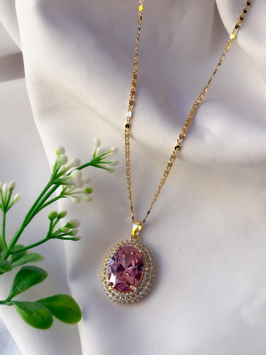 Collar Con Dije Gema Ovalada Rosa