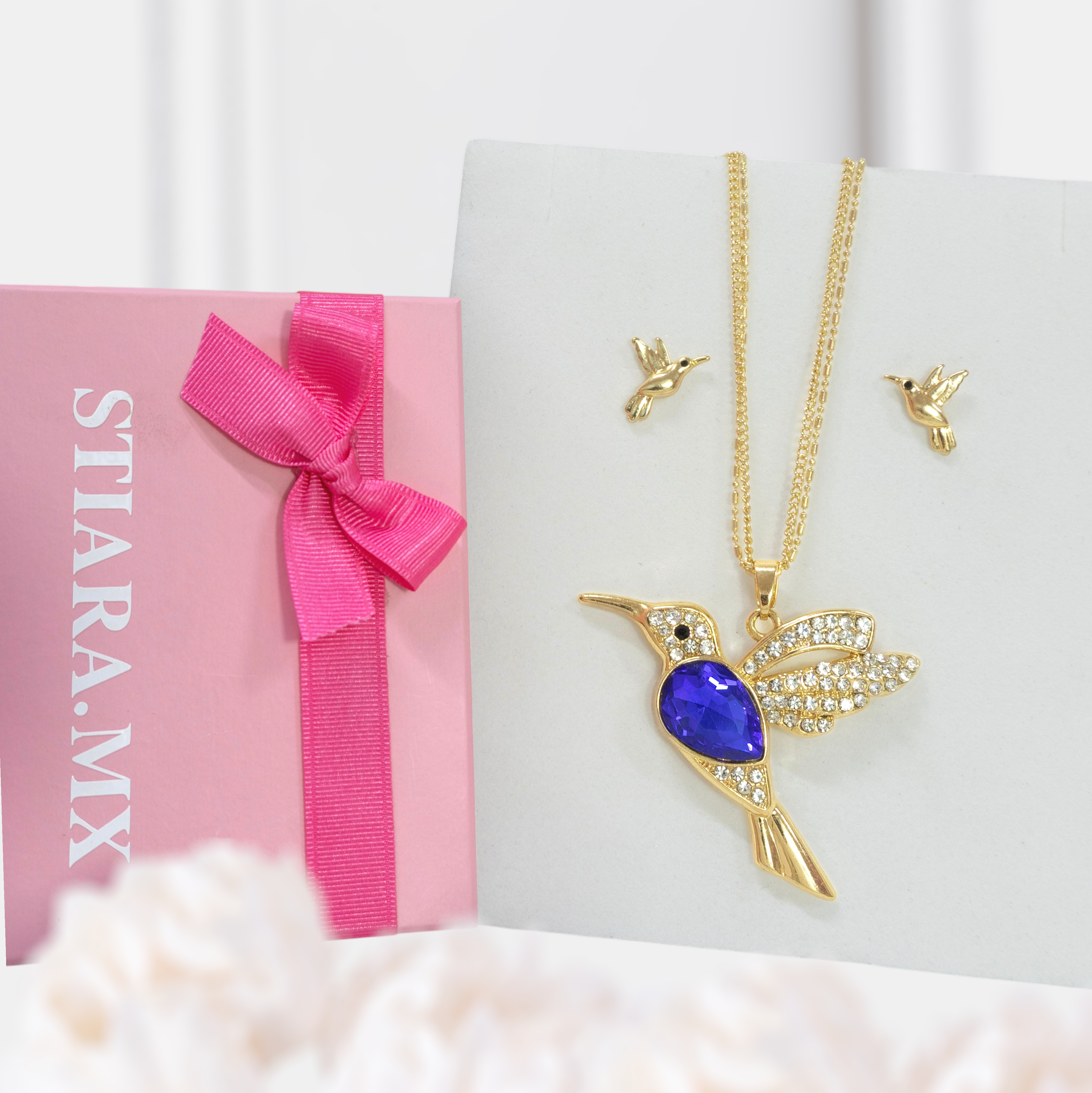 Juego Colibrí Azul + Caja de Regalo con Aretes