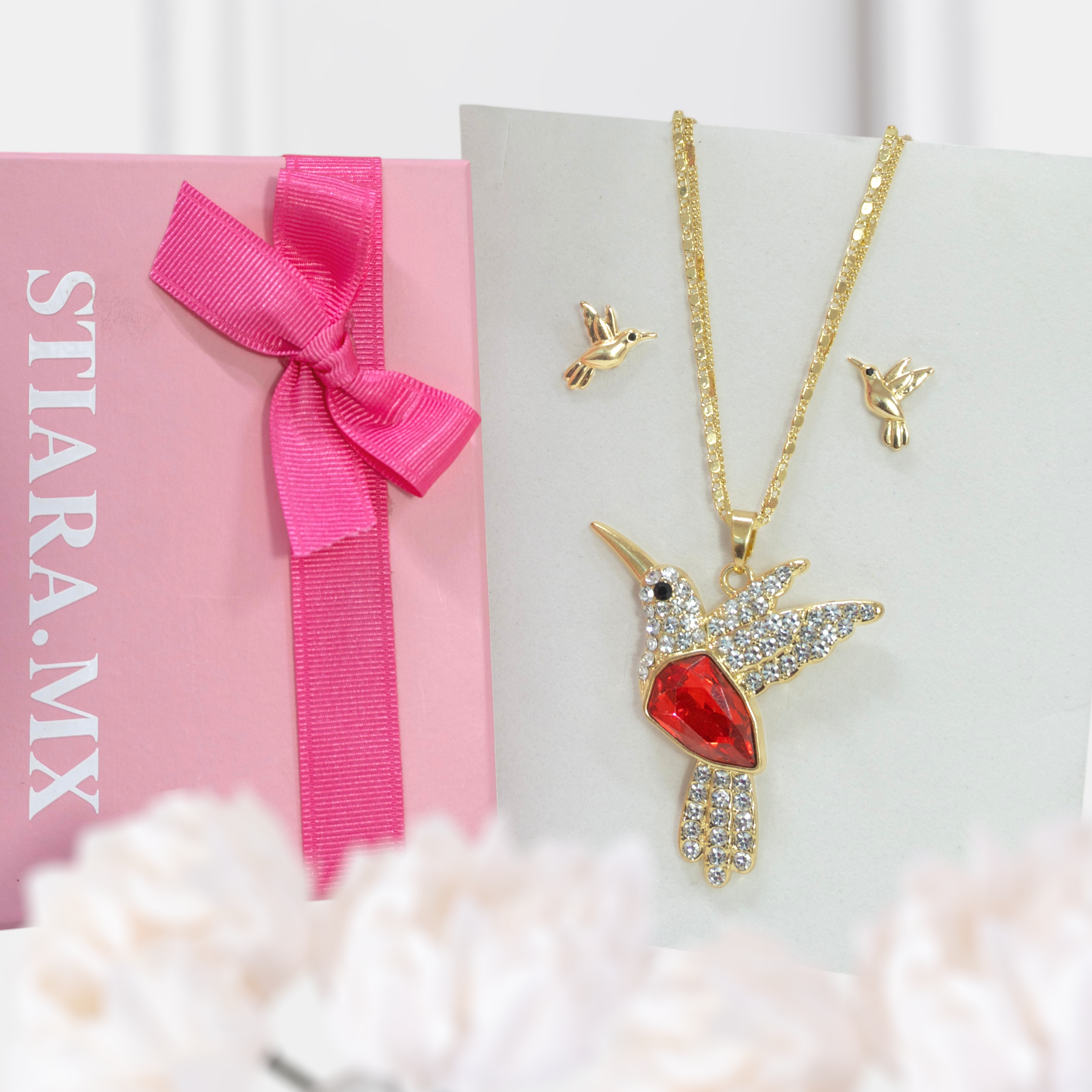Juego Colibrí Rojo Grande Con Aretes